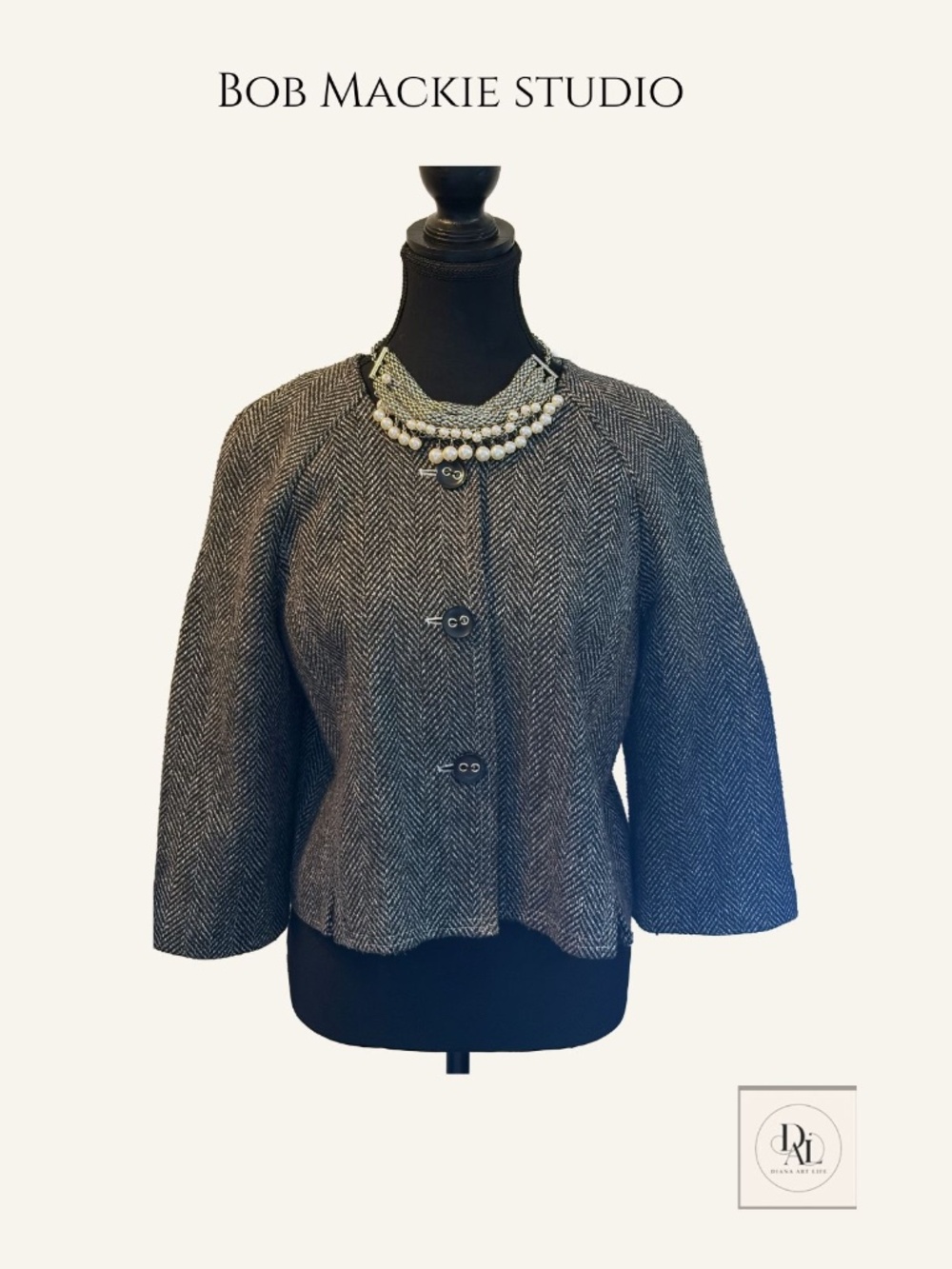 Bob Mackie Studio Wool Blend Herringbone Cropped Jacket Size 8